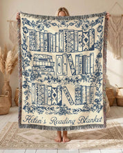 Personalized Blue Toile Books & Flowers Reading Woven Blanket