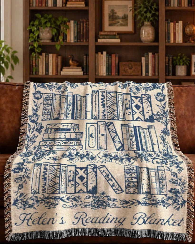 Personalized Blue Toile Books & Flowers Reading Woven Blanket