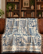 Personalized Blue Toile Books & Flowers Reading Woven Blanket