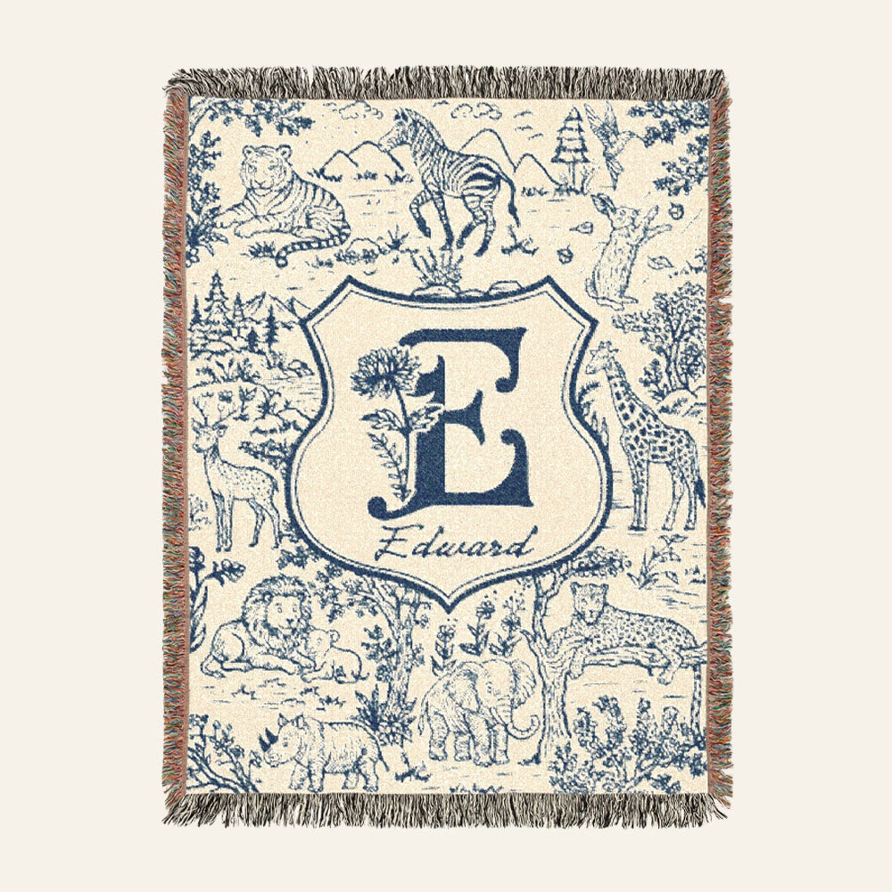 Vintage Blue Toile Safari Animals, Birth Flower & Baby's Initial - Personalized Woven Blanket