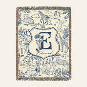Vintage Blue Toile Safari Animals, Birth Flower & Baby's Initial - Personalized Woven Blanket
