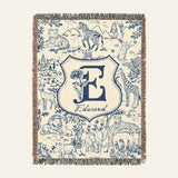 Vintage Blue Toile Safari Animals, Birth Flower & Baby's Initial - Personalized Woven Blanket