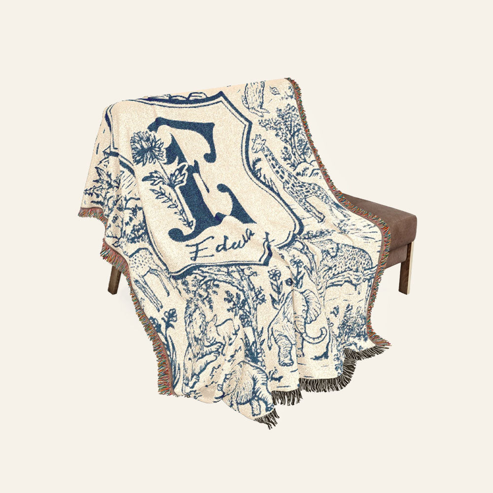 Vintage Blue Toile Safari Animals, Birth Flower & Baby's Initial - Personalized Woven Blanket