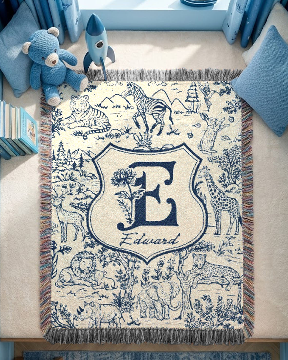 Vintage Blue Toile Safari Animals, Birth Flower & Baby's Initial - Personalized Woven Blanket