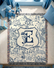 Vintage Blue Toile Safari Animals, Birth Flower & Baby's Initial - Personalized Woven Blanket