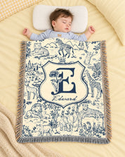 Vintage Blue Toile Safari Animals, Birth Flower & Baby's Initial - Personalized Woven Blanket