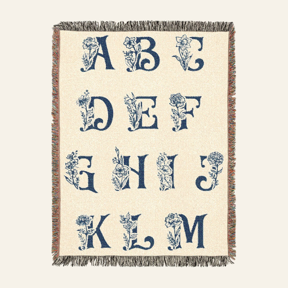 Vintage Blue Toile Safari Animals, Birth Flower & Baby's Initial - Personalized Woven Blanket