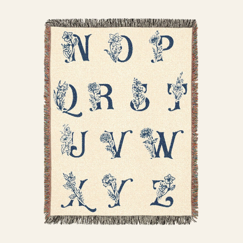 Vintage Blue Toile Safari Animals, Birth Flower & Baby's Initial - Personalized Woven Blanket