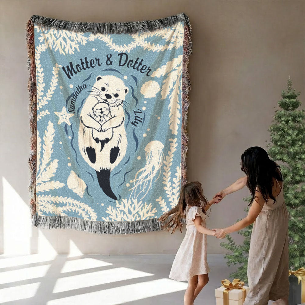 Personalized Mother Daughter Otter Woven Blanket