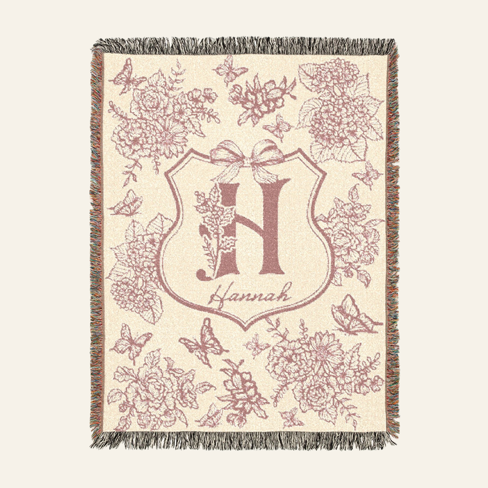 Personalized Pink Toile Birth Flower Baby Woven Blanket