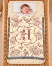 Personalized Pink Toile Birth Flower Baby Woven Blanket