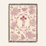 Personalized Pink Toile Birth Flower Cross Baby Girl Woven Blanket