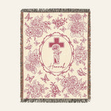 Personalized Pink Toile Birth Flower Cross Baby Girl Woven Blanket
