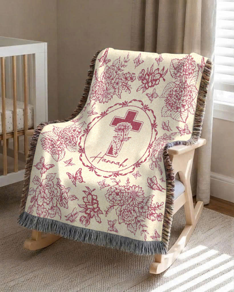 Personalized Pink Toile Birth Flower Cross Baby Girl Woven Blanket