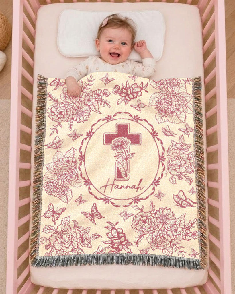 Personalized Pink Toile Birth Flower Cross Baby Girl Woven Blanket