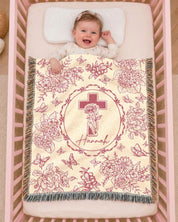Personalized Pink Toile Birth Flower Cross Baby Girl Woven Blanket