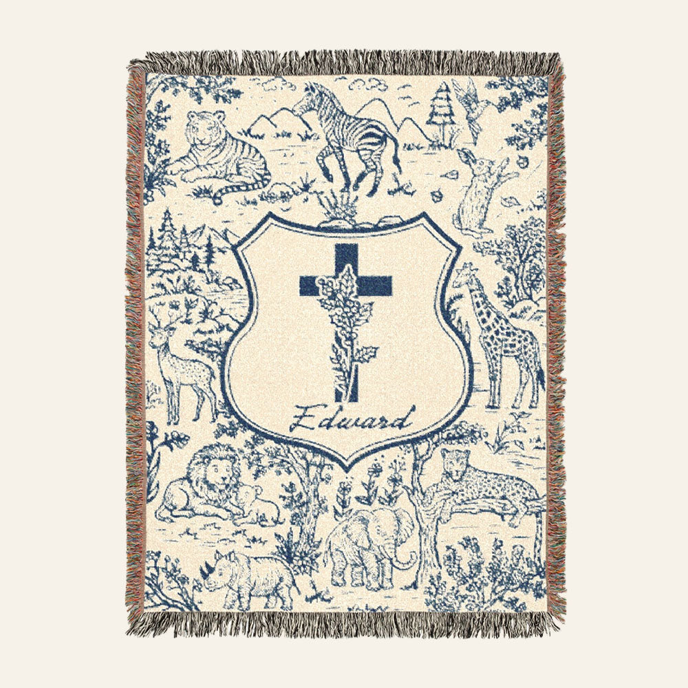 Personalized Blue Toile Safari Birth Flower Cross Baby Boy Woven Blanket