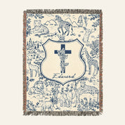 Personalized Blue Toile Safari Birth Flower Cross Baby Boy Woven Blanket