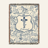 Personalized Blue Toile Safari Birth Flower Cross Baby Boy Woven Blanket