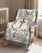 Personalized Blue Toile Safari Birth Flower Cross Baby Boy Woven Blanket