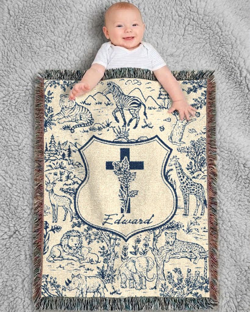 Personalized Blue Toile Safari Birth Flower Cross Baby Boy Woven Blanket