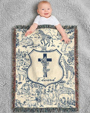 Personalized Blue Toile Safari Birth Flower Cross Baby Boy Woven Blanket