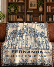 Blue Toile Bible Reading: Stacked Books, Flowers & Scripture Affirmations - Personalized Woven Blanket