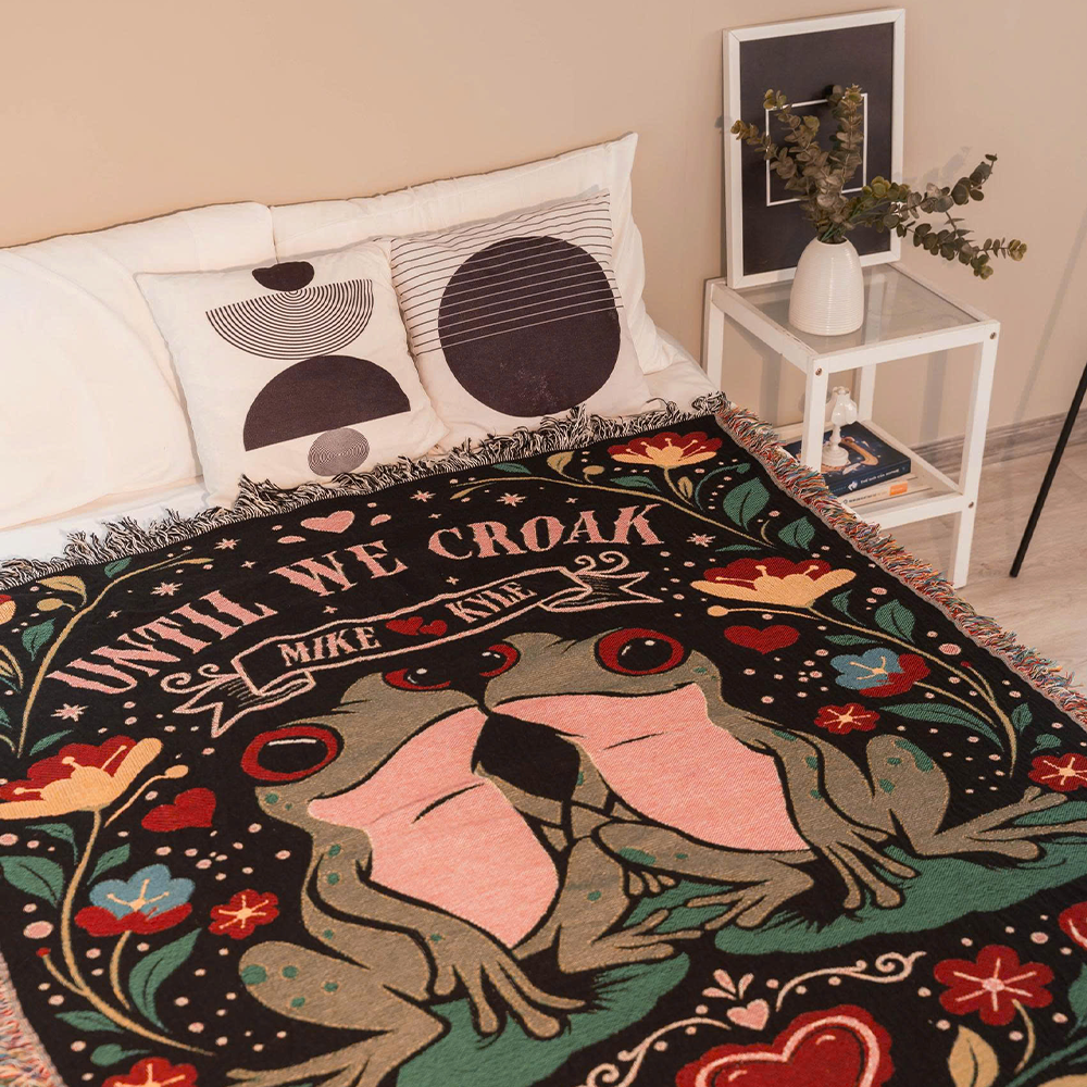 Personalized Couple Frog Croak Art Woven Blanket
