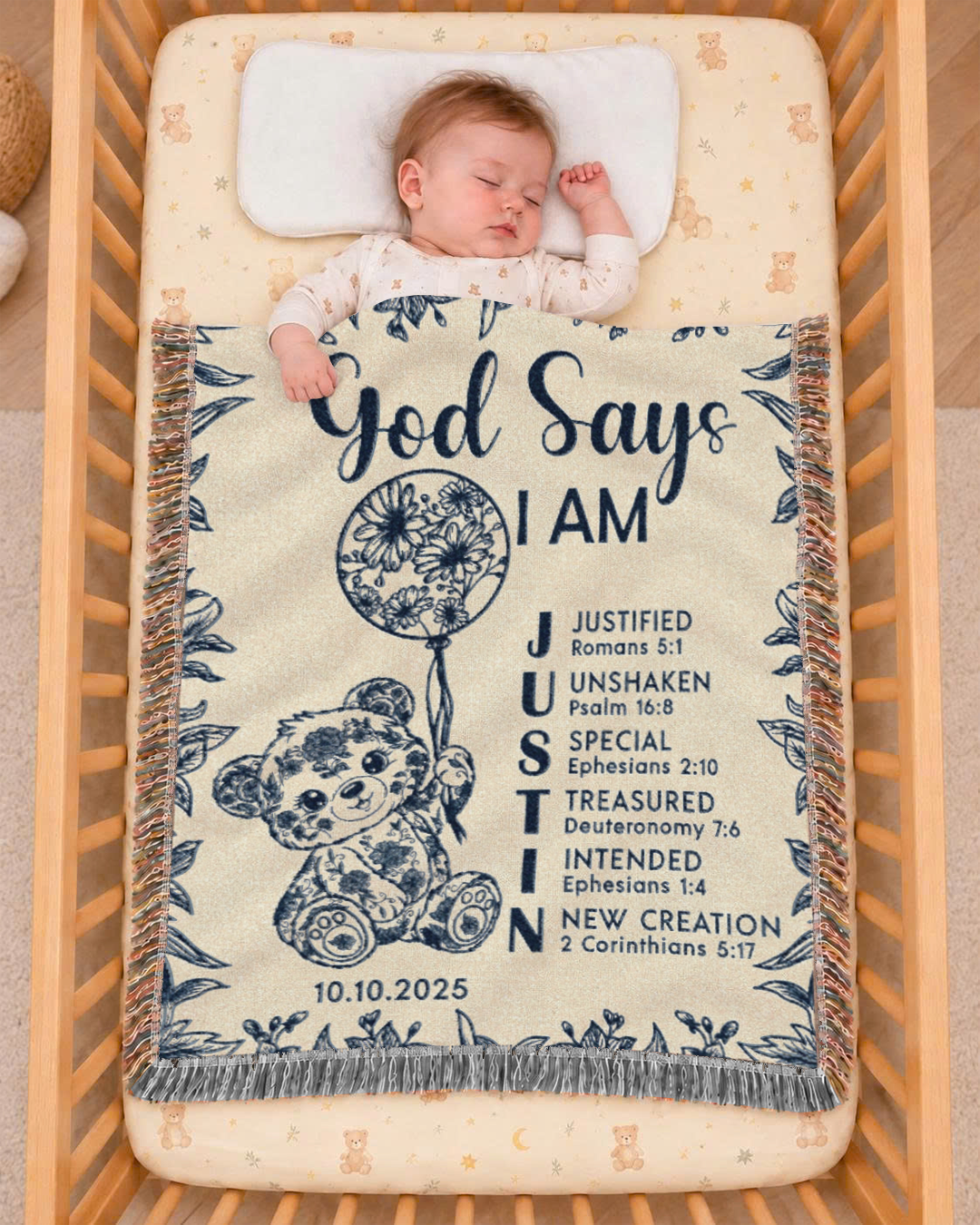 Personalized Blue Toile Teddy Bear Birth Flower Scripture Woven Blanket
