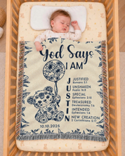 Personalized Blue Toile Teddy Bear Birth Flower Scripture Woven Blanket