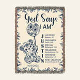 Personalized Blue Toile Teddy Bear Birth Flower Scripture Woven Blanket