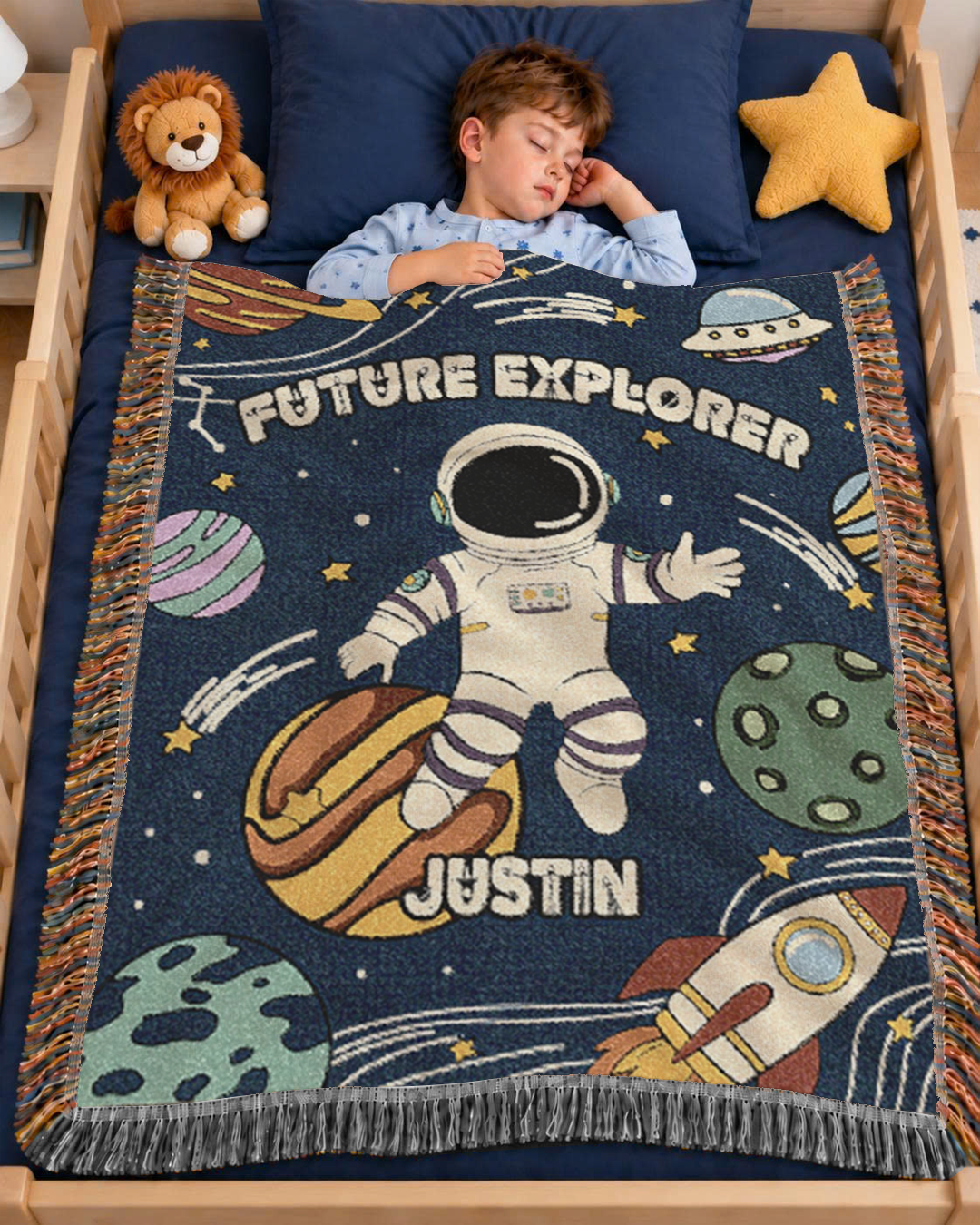 Future Explorer: Space Adventure For Baby Boys - Personalized Woven Blanket