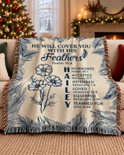 Personalized He Will Cover You With His Feathers Scripture Woven Blanket