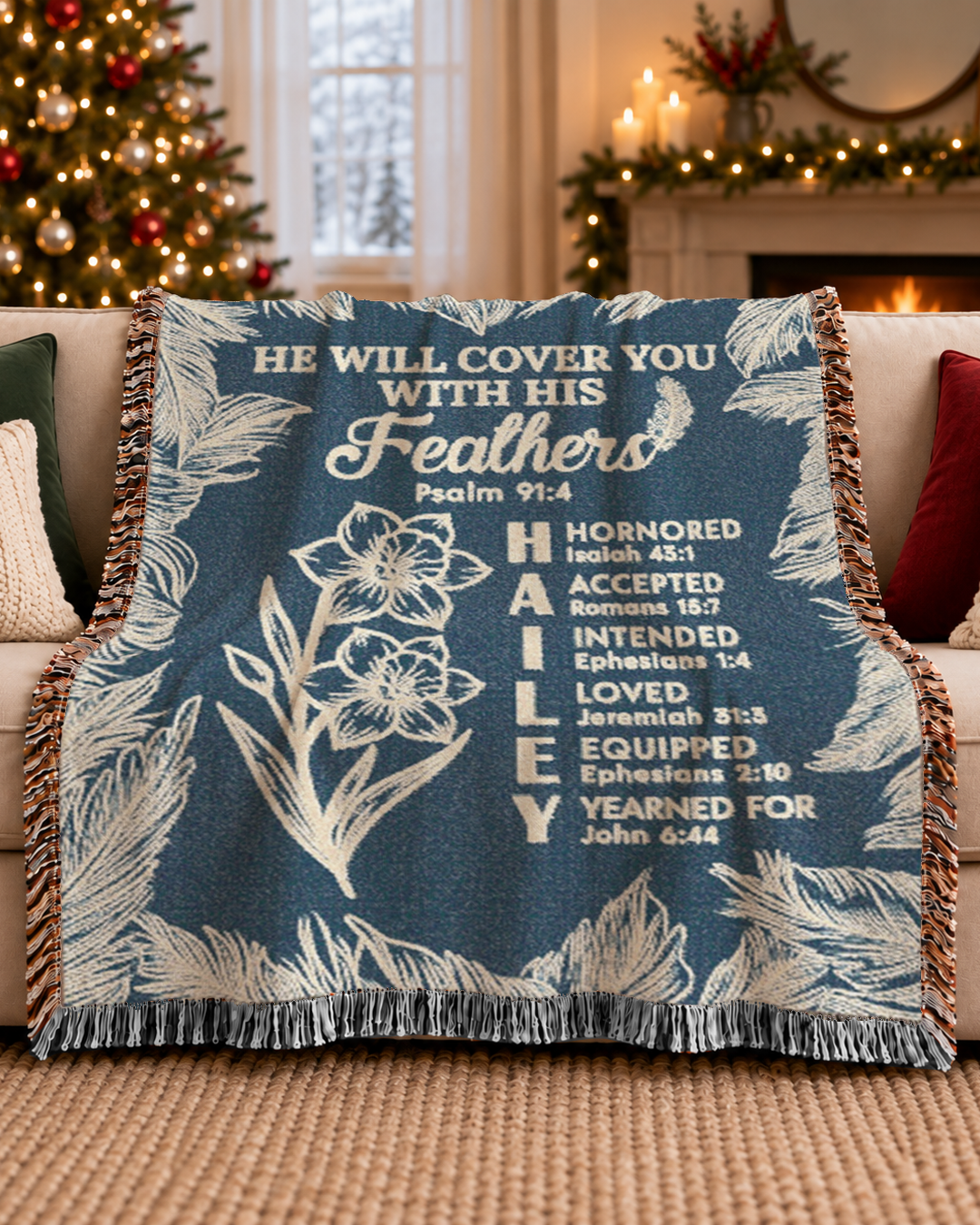 Personalized He Will Cover You With His Feathers Scripture Woven Blanket