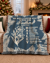 Personalized He Will Cover You With His Feathers Scripture Woven Blanket