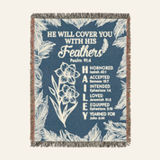 Personalized He Will Cover You With His Feathers Scripture Woven Blanket