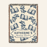 Vintage Blue Toile Birth Flower Reading - Personalized Woven Blanket