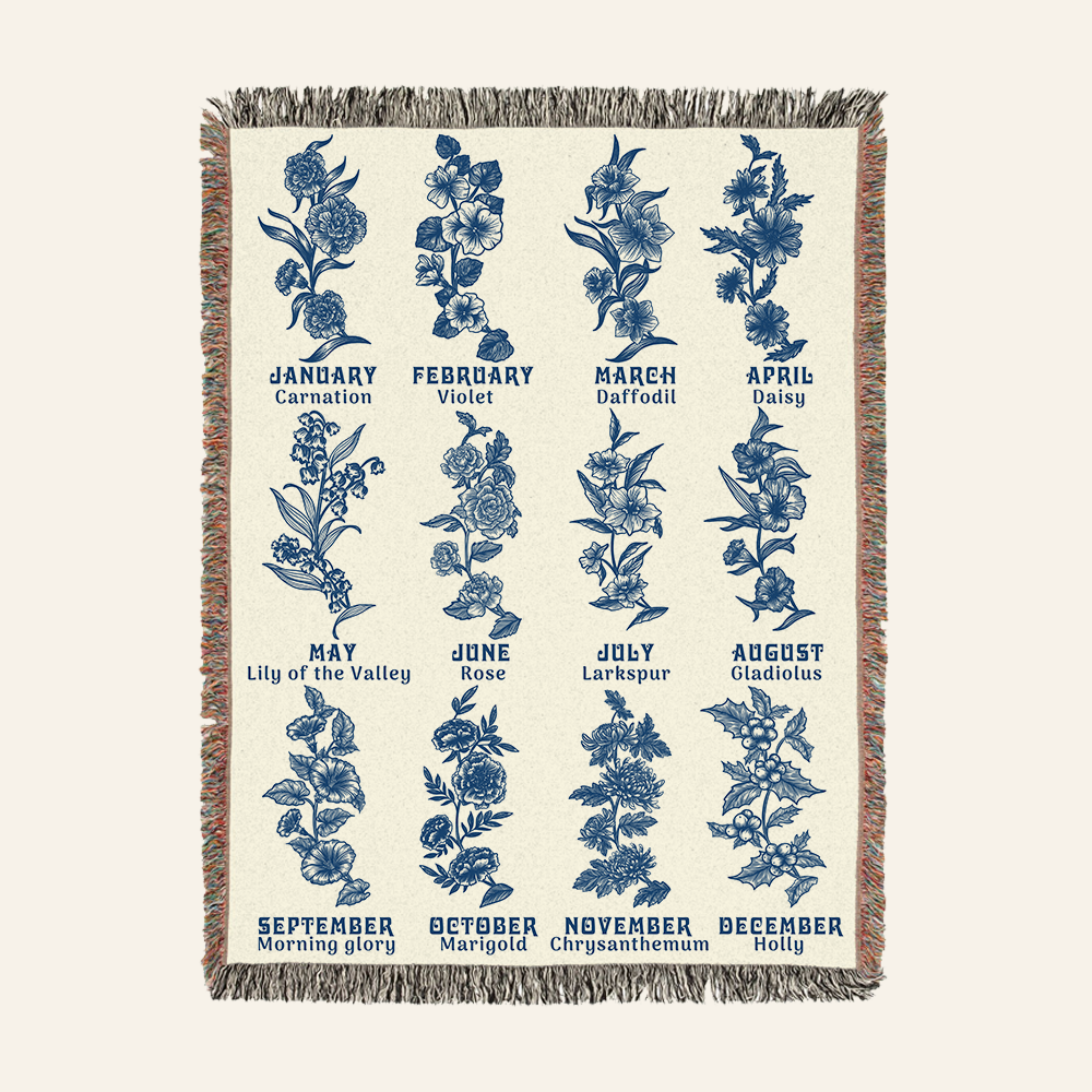 Vintage Blue Toile Birth Flower Reading - Personalized Woven Blanket