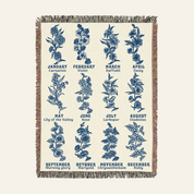 Vintage Blue Toile Birth Flower Reading - Personalized Woven Blanket