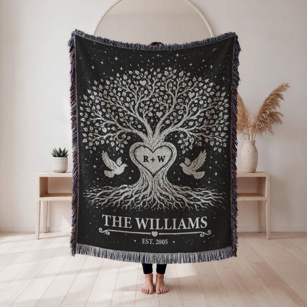 Personalized Couple Tree of love Silver Woven Blanket
