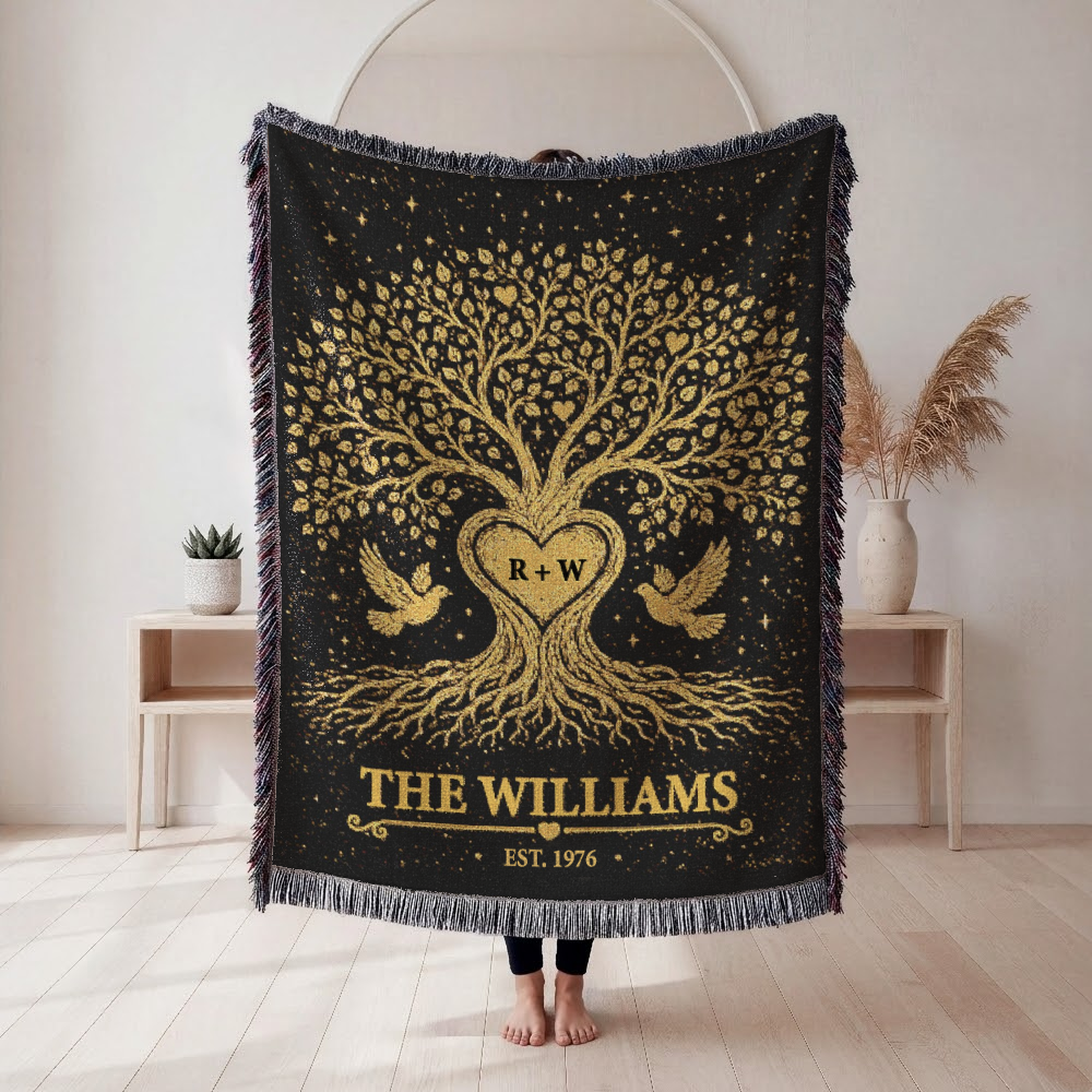 Personalized Couple Tree of love Golden Woven Blanket