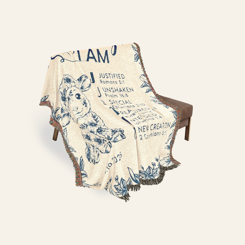 Blue Toile Little Lamb & Scripture Blessings For Babies - Personalized Woven Blanket