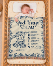 Blue Toile Little Lamb & Scripture Blessings For Babies - Personalized Woven Blanket