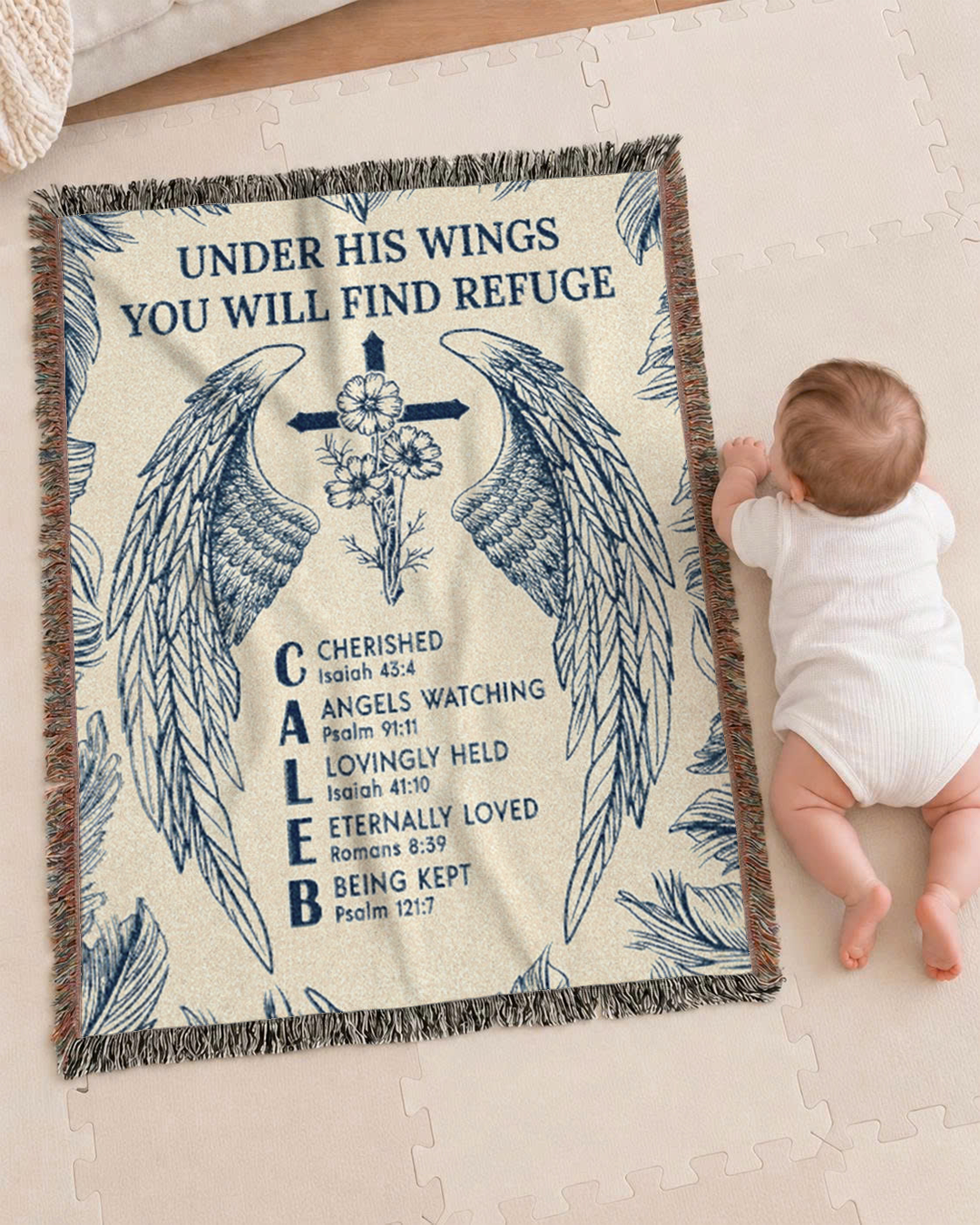 Personalized Under His Wings Birth Flower Baby Blue Woven Blanket