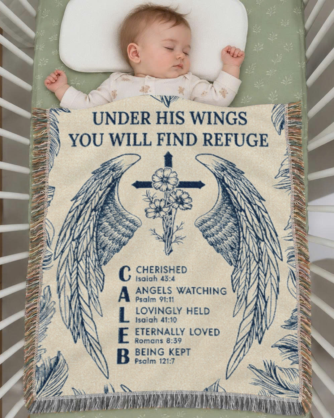 Personalized Under His Wings Birth Flower Baby Blue Woven Blanket