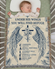 Personalized Under His Wings Birth Flower Baby Blue Woven Blanket