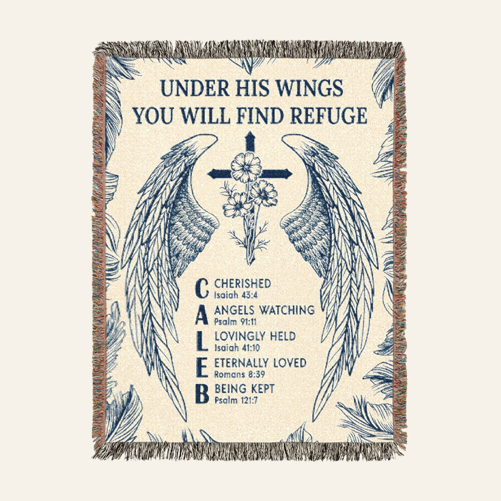 Personalized Under His Wings Birth Flower Baby Blue Woven Blanket