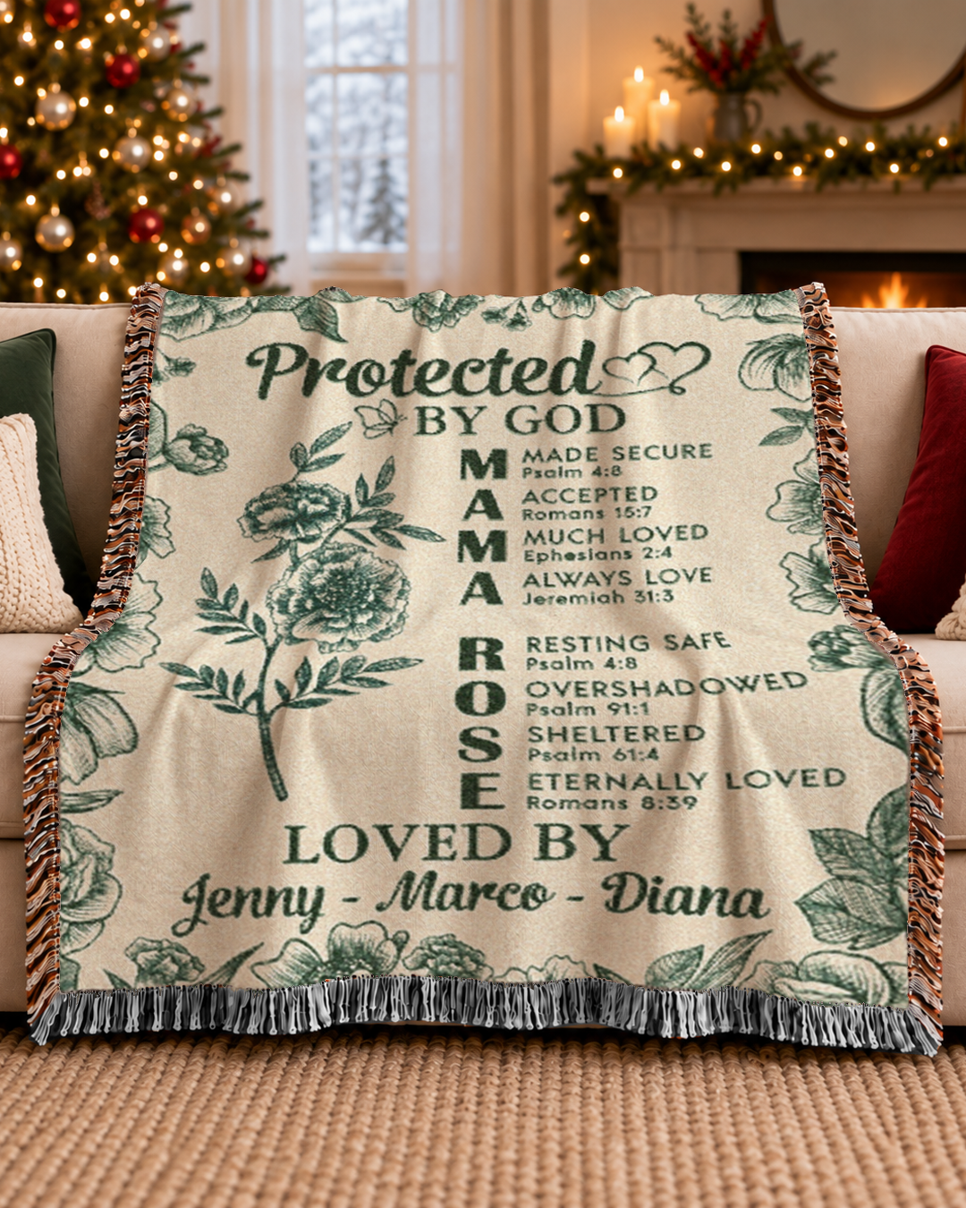Protected By God: Custom Name & Birth Flower Faith Keepsake - Personalized Woven Blanket