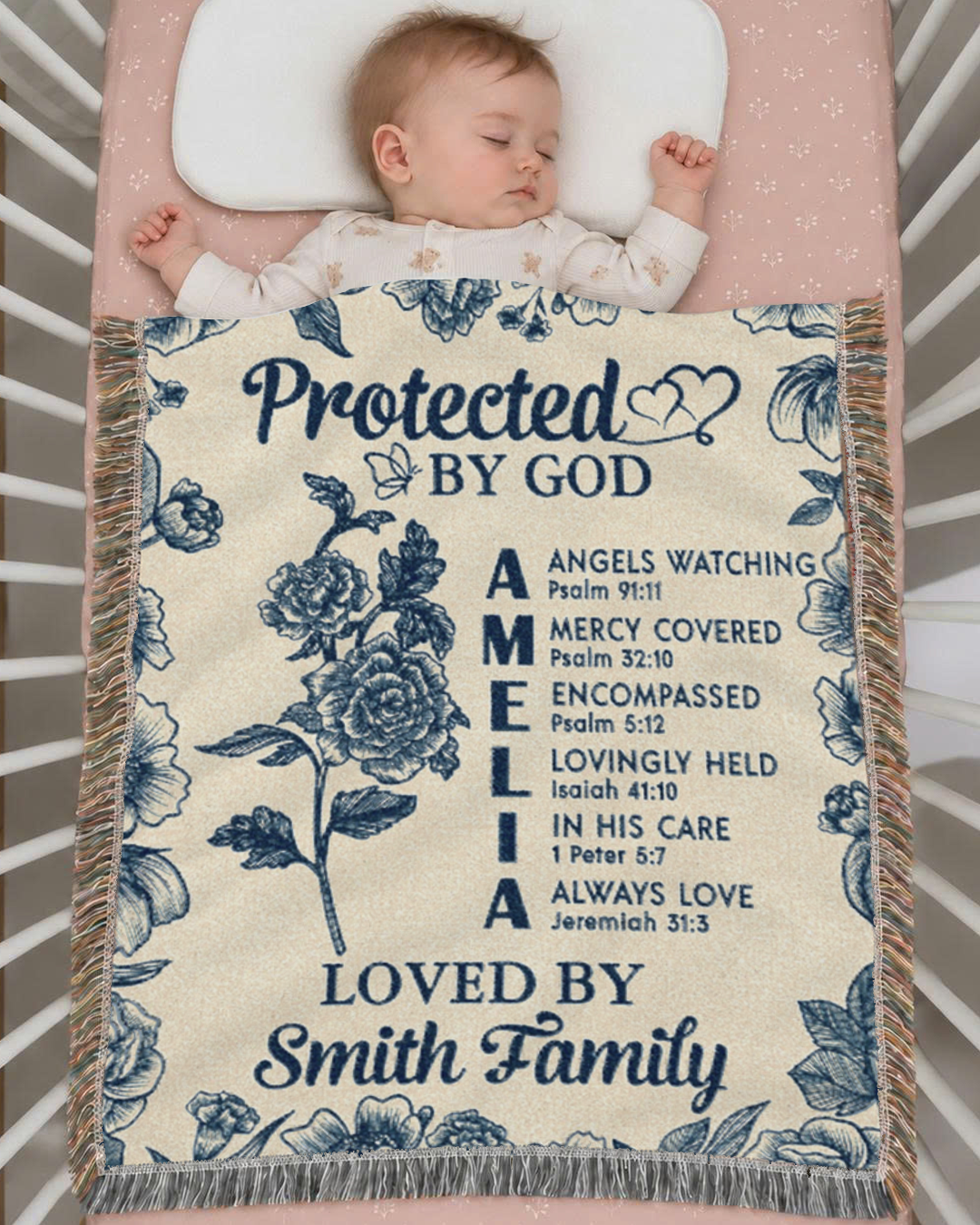 Protected By God: Birth Flower & Bible Verses For Babies - Personalized Woven Blanket