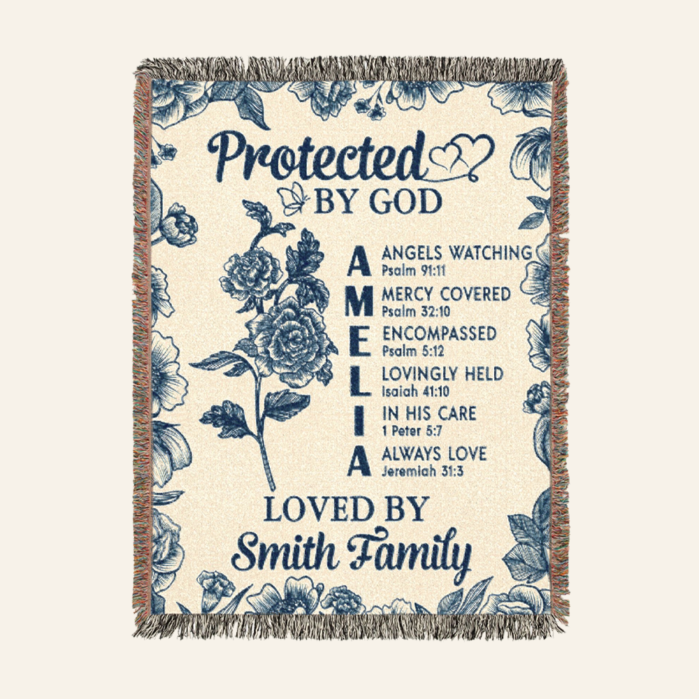 Protected By God: Birth Flower & Bible Verses For Babies - Personalized Woven Blanket